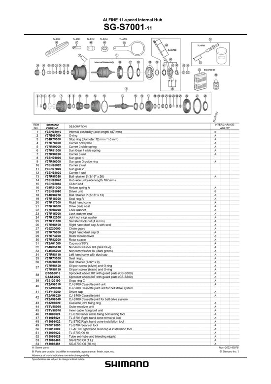 Shimano Alfine SG-S7001-11 187mm Sisäkokoonpano